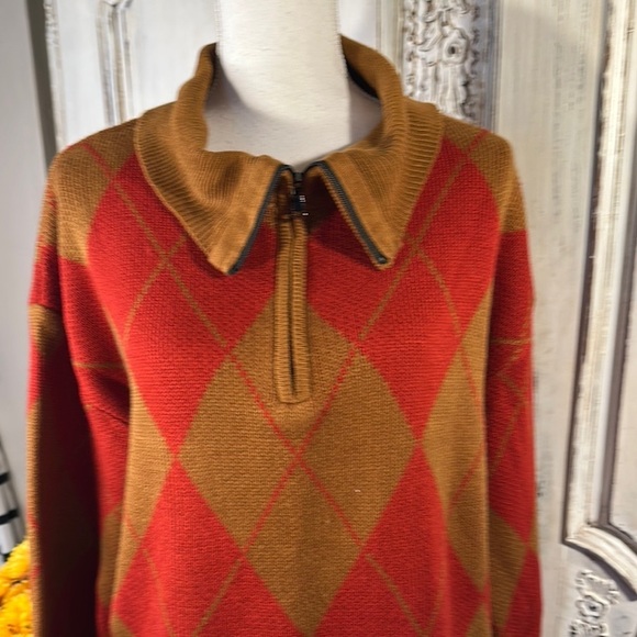 Cider Red and Gold Argyle 1/4  Front Zip Long Sleeve Sweater Preppy Academia - Picture 5 of 10